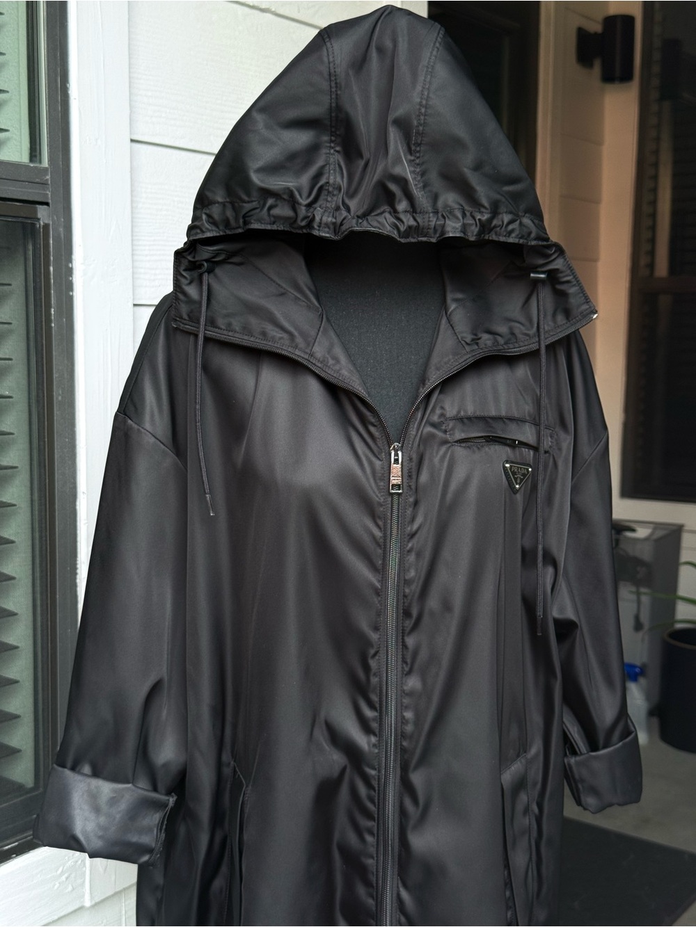 Prada Black Satin Longline Trench with Hood